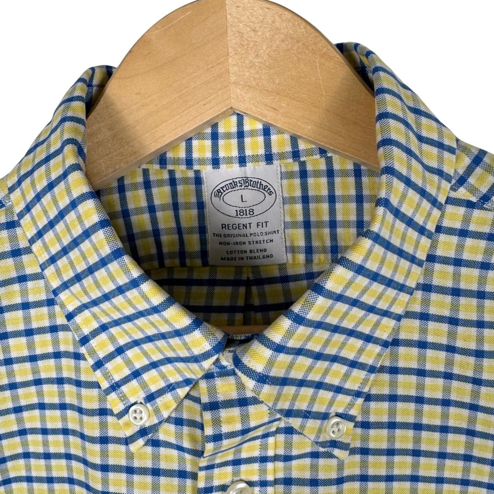 Brooks Brothers Regent Fit Gingham Shirt Mens L Yellow Blue Non-Iron Stretch
